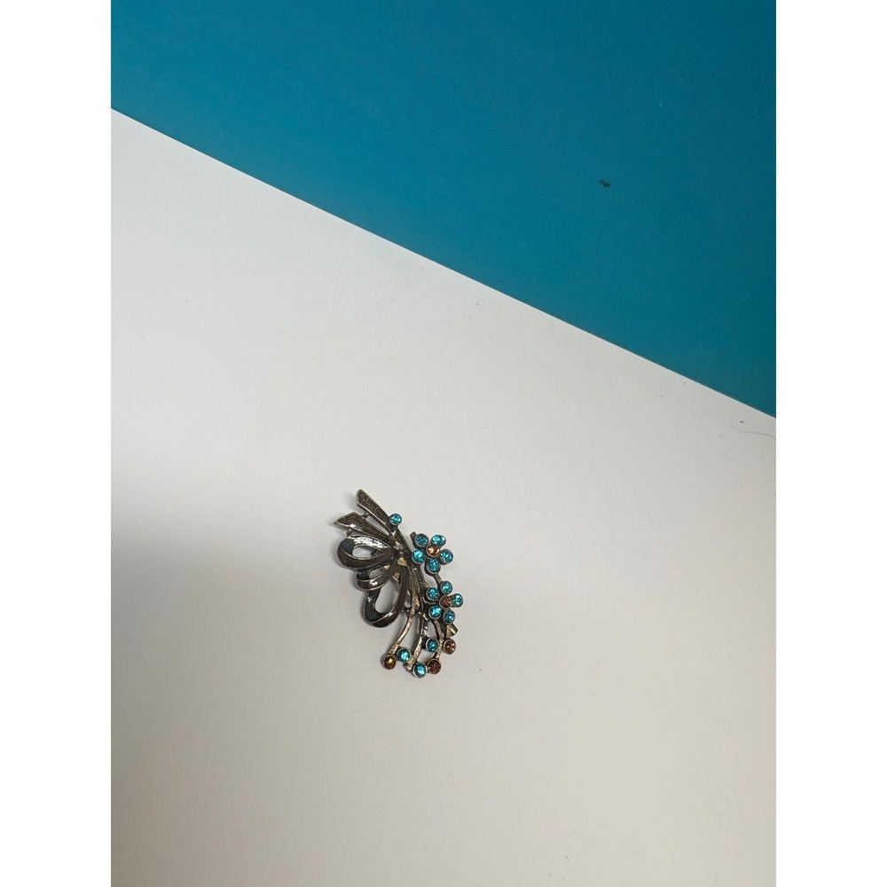 Vintageβ Floral Bow Brooch Bronze Tone Turquoise Amber Rhinestone Pin